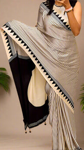 White and Black Striped Contemporary Satin Crepe Modal Silk Saree